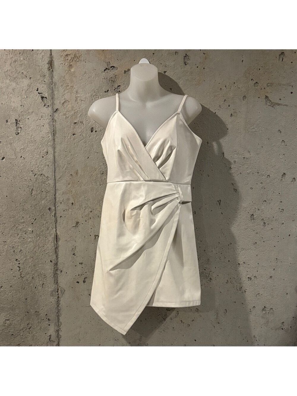 Blue Blush Cream Vegan Leather Faux Wrap-Around Asymmetrical Mini Dress - Size